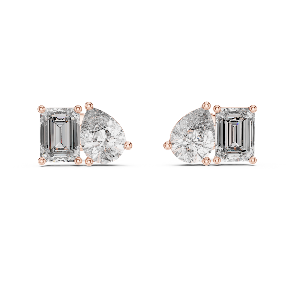 Twin Radiance Rose Gold Plated Stud Earrings emerald and pear cut diamond studs