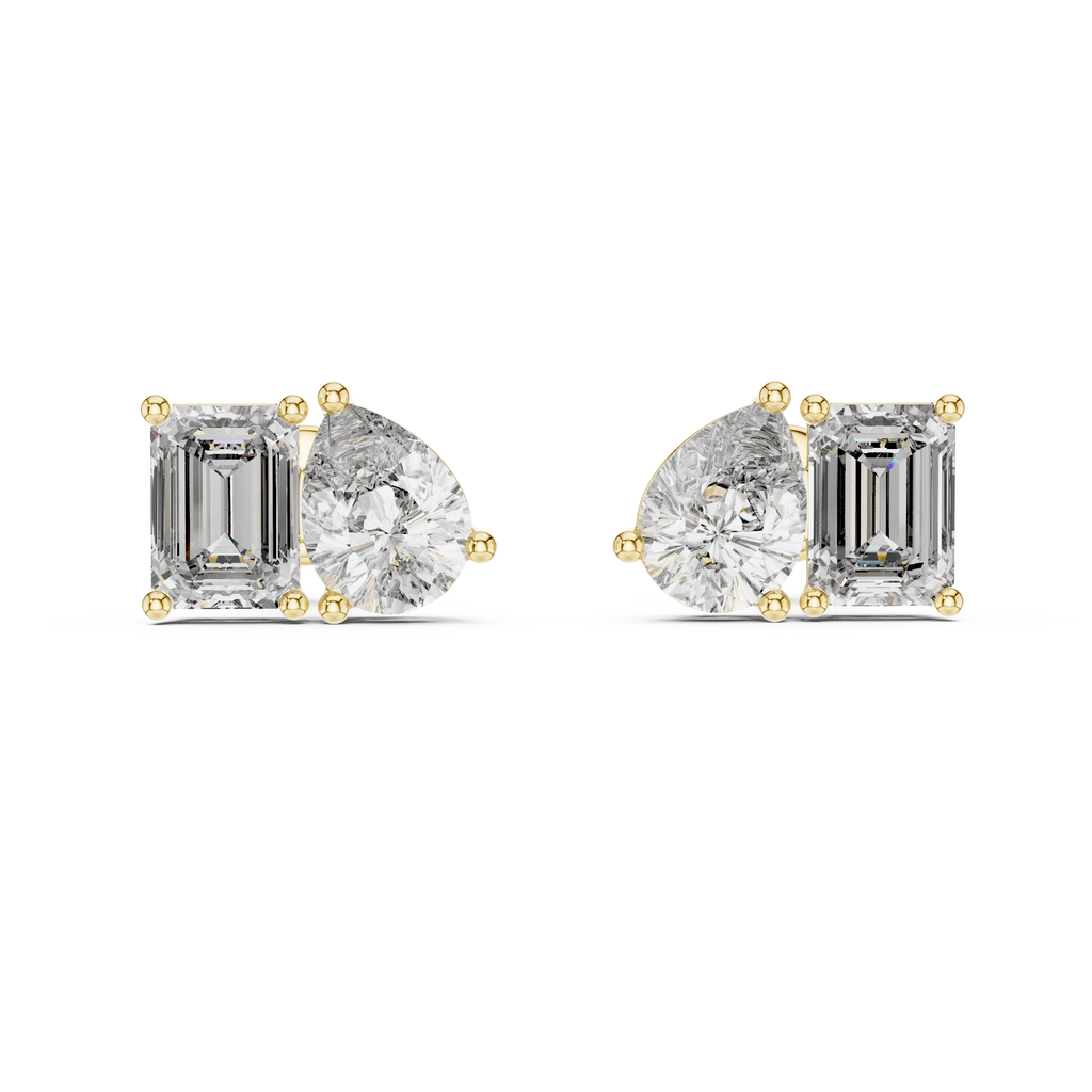 Twin Radiance Gold Plated Stud Earrings emerald and pear cut diamond studs