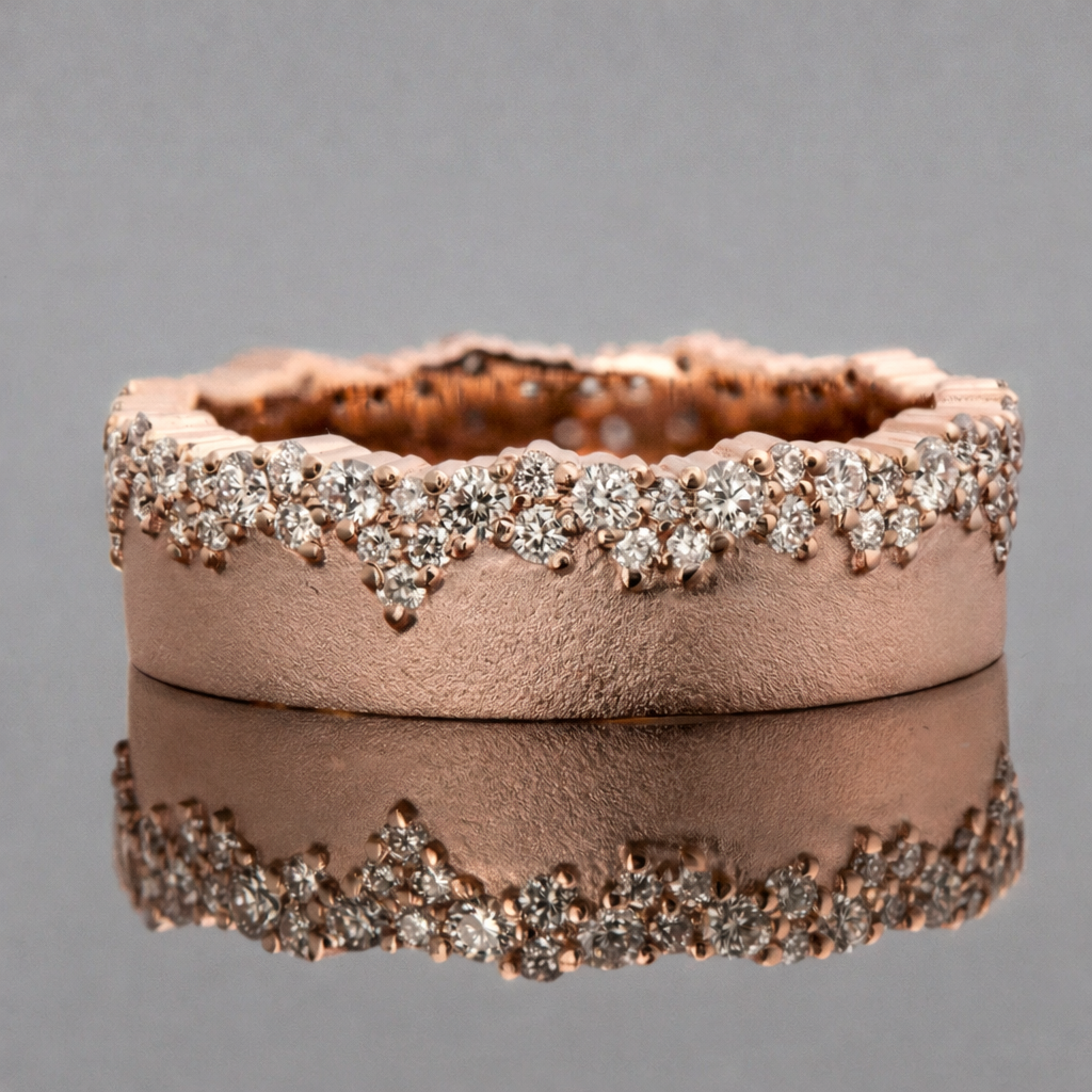Rose Gold Crest Diamond Band in rose gold plated finish with round diamonds by House of Vajr elegant diamond band ring